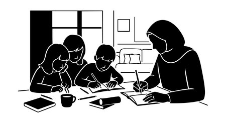A mother and her children study and write at a table in a cozy home environment featuring books and a cup, evoking a calm and focused learning atmosphereのイラスト素材