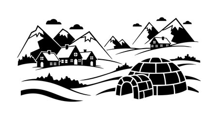 A monochrome vector shows a mountain village with houses and igloos surrounded by rolling hills and clouds, creating a serene winter scene perfect for nature or travel themes.のイラスト素材