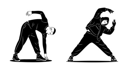 Two men perform stretching exercises wearing activewear in monochrome style showing flexibility and fitness focus for workout routines and training sessions energetic moodのイラスト素材