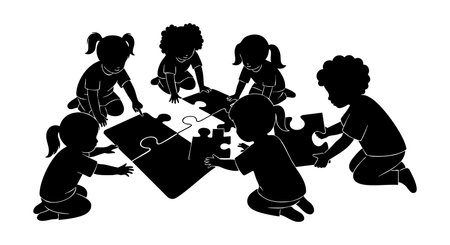 A group of children collaborates on assembling large puzzle pieces in a playful and engaging scene that highlights teamwork and learning in a joyful environment. playfulのイラスト素材