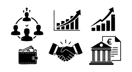 A black and white vector illustration displays business concepts including teamwork, financial growth charts, wallet with money, handshake, and bank document symbolizing economic success and cooperation. Professional and clear.のイラスト素材