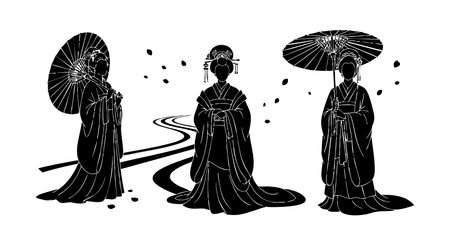 Elegant silhouette of three traditional geisha women holding umbrellas walking along a winding path with falling petals creating a serene and graceful atmosphere peacefulのイラスト素材