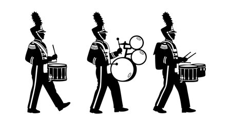 A bold silhouette of three marching band drummers performing with snare and bass drums in motion, showcasing rhythm and teamwork in a dynamic energetic styleのイラスト素材