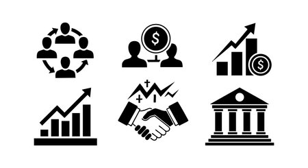 A clean vector set of business icons showing teamwork, financial exchange, growth charts, handshake agreement, and a bank building for corporate and financial design projects vibrantのイラスト素材