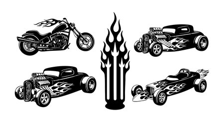 A bold black and white vector set shows custom motorcycles and hot rod cars with flame patterns and a central flame graphic perfect for automotive design projects edgy styleのイラスト素材