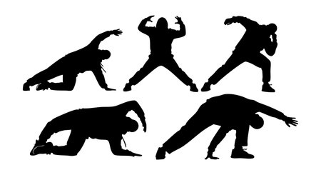 A bold vector illustration shows five black silhouettes in dynamic dance poses with fluid motion and energy ideal for creative projects or artistic expressions. Energetic and expressive moodのイラスト素材
