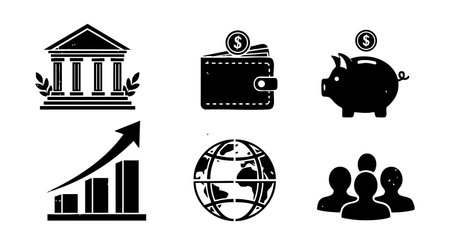 A bold graphic composition displays financial and economic symbols including a bank building wallet piggy bank growth chart globe and group of people silhouettes in black style confident moodのイラスト素材