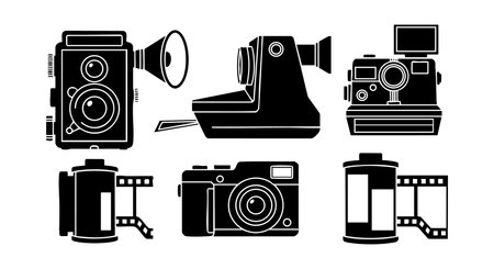 A bold black silhouette collection showcases vintage and modern photography cameras with film rolls and flash elements for creative design projects and artistic use. Edgy style.のイラスト素材