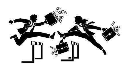 Dynamic black silhouette of two businessmen rushing with briefcases spilling cash highlights determination and challenge in business, perfect for motivational or financial themes, energetic moodのイラスト素材