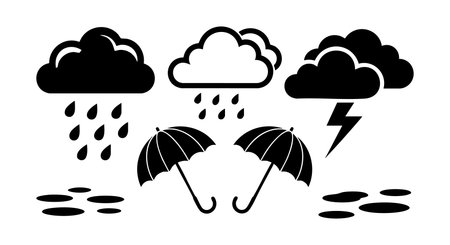 A bold black and white vector set shows rain clouds with raindrops and lightning alongside umbrellas and puddles for weather or protection themes in a clean graphic style, simple and clear design.のイラスト素材