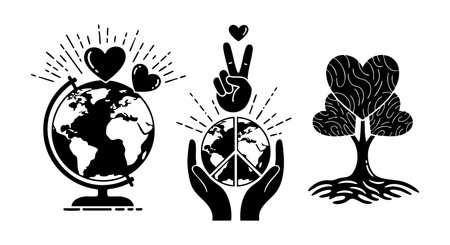 A symbolic vector illustration combining a globe with hearts, hands showing peace signs, and a heart shaped tree with roots, representing love and harmony in a bold style. peacefulのイラスト素材