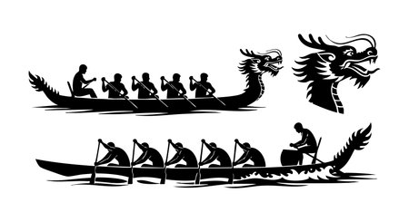 A bold vector illustration shows dragon boats with rowers paddling together in dynamic motion featuring intricate dragon head designs conveying teamwork and cultural energy vibrantのイラスト素材
