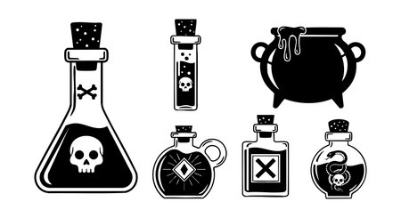 A bold vector illustration shows various black poison bottles and a dripping cauldron with skull and hazard symbols in a spooky and vintage style, creating an eerie atmosphereのイラスト素材