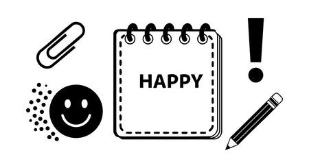 A playful graphic composition shows a spiral notebook with happy text surrounded by a smiley face pencil and clip symbolizing joy and creativity in a simple black and white style. cheerfulのイラスト素材