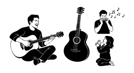 A man joyfully plays guitar while a child listens and another man plays harmonica in black silhouette style conveying music and bonding in a peaceful lively atmosphereのイラスト素材