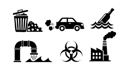 A bold black silhouette design shows pollution sources including waste bin, car exhaust, bottle in water, pipe discharge, biohazard symbol, and factory smoke creating an urgent environmental message edgyのイラスト素材