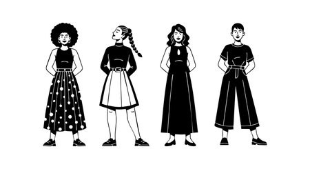 Four stylish women stand confidently wearing various elegant dresses and skirts in a monochrome vector style perfect for fashion or lifestyle designs and presentations vibrantのイラスト素材