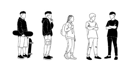 A monochrome vector shows five young individuals in casual urban clothing with backpacks and a skateboard standing in various relaxed poses. The design conveys youthful modernity and street style, edgy.のイラスト素材