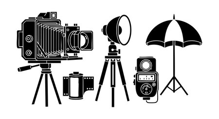Classic photography gear includes a vintage camera with bellows tripod flash umbrella and light meter displayed in bold silhouette style for creative projects artistic and nostalgic moodのイラスト素材