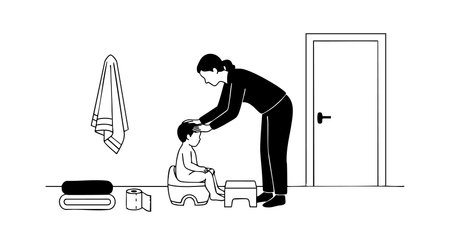 A mother gently washes her young child's hair in a minimal bathroom setting with towels and toilet paper nearby creating a caring and calm family moment peacefulのイラスト素材