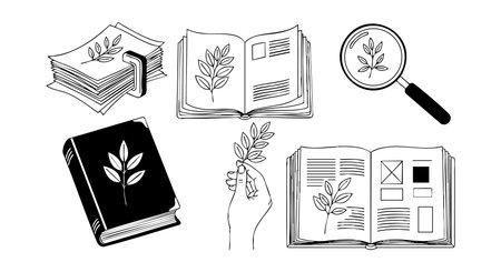 A black and white vector composition shows botanical books, a hand holding a plant branch, and a magnifying glass highlighting leaf details, blending education and nature study themes. Educational and elegant moodのイラスト素材