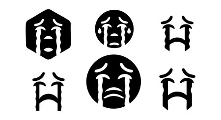 A set of black silhouette crying face emoticons with flowing tears and sad expressions shows emotional distress and sorrow in a simple vector style perfect for digital communication or graphic design usage peacefulのイラスト素材