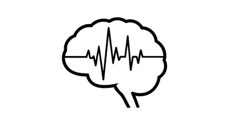 A simple black line vector shows a brain outline combined with a heartbeat pulse line symbolizing mental health and brain activity in a clean minimalist style, calm and clearのイラスト素材