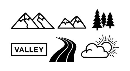 Minimalist black line art icons depict mountains, pine trees, valley road, sun, and clouds in a clean style suitable for nature and travel themes, evoking calm and clarityのイラスト素材