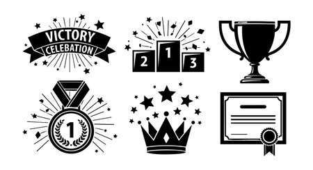 A bold collection of award icons includes a victory banner, podium, trophy cup, medal with number one, crown with stars, and certificate badge in black silhouette style, energetic and triumphant.のイラスト素材