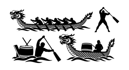 Dynamic black silhouettes depict dragon boats with rowers and a drummer in action on water, highlighting teamwork and traditional racing in a bold graphic style, energetic moodのイラスト素材