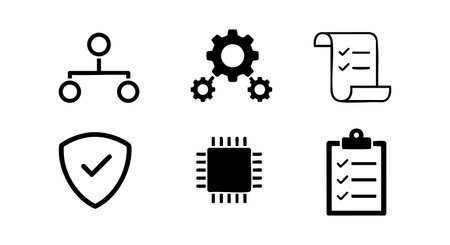 A clean vector illustration displays business and technology icons including checklist forms, shield with check, chip, and gear symbols combining security and organization themes in a minimal style, professional and clear.のイラスト素材