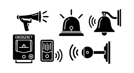 A bold vector collection of emergency alarm siren bell and megaphone icons shows alert signals and warning devices in a simple style for safety and communication designs edgyのイラスト素材