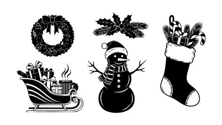 Festive black and white christmas vector art displays wreath, holly, snowman, gift sleigh and stocking icons in bold silhouette style, ideal for holiday cards, stickers, and seasonal branding, cheerful.のイラスト素材