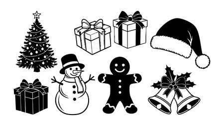 Playful black and white christmas icon set displays tree, presents, snowman, gingerbread cookie, santa hat and holly bells in simple flat vector style, ideal for cards, stickers, or festive web graphics, cheerful.のイラスト素材