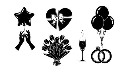 Black silhouette icon set presents star balloon in hands, heart shaped gift box, tulip bouquet, champagne glass, party balloons, and diamond wedding rings for wedding or Valentineのイラスト素材
