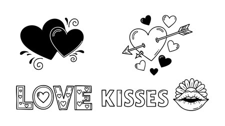 Playful black and white vector art combines overlapping hearts, arrow shot heart, patterned love and kisses typography, and floral lips icon, ideal for valentines day cards, coloring pages, and romantic stationery designs, cheerful.のイラスト素材