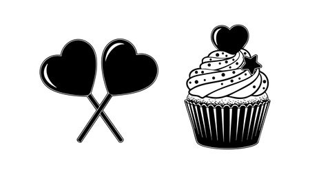 Black and white dessert artwork presents a frosted cupcake with heart and star decorations beside crossed heart lollipops, flat vector style suitable for valentineのイラスト素材