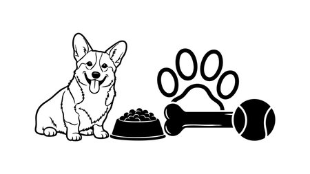 Playful corgi line drawing sits happily beside a full food bowl, bold paw print, bone chew and tennis ball, ideal for pet branding, grooming logos, and veterinary graphics, cheerful.のイラスト素材