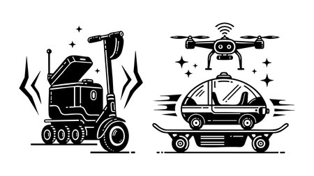 Playful monochrome vector art presents a futuristic delivery scooter robot and hovering drone above a self-driving pod car on a speeding skateboard, ideal for transport infographics and tech editorials, dynamic.のイラスト素材