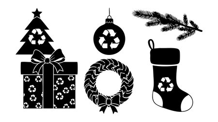 Bold black and white christmas icons combine recycle symbols with tree, gift box, stocking, wreath and ornament, ideal for eco holiday posters, packaging, web banners and sustainability campaigns, modern and responsibleのイラスト素材