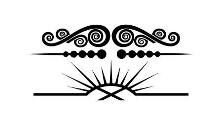 Elegant black ornamental dividers combine swirling curls, dotted spears, and a stylized sunburst line, offering versatile horizontal separators for invitations, certificates, digital scrapbooking, and tattoo stencil design, refined and classic.のイラスト素材