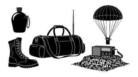 Black and white vector illustration of military gear including boots, canteen, duffel bag, and airdropped radio supplies, styled with clean lines for tactical and military themed designs.のイラスト素材