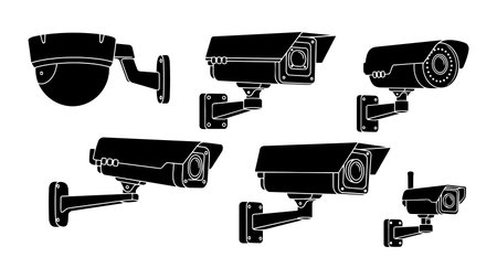 Set of black silhouette cctv security cameras in different angles mounted on walls, flat vector style suitable for technology, security, or surveillance themed designs with simple clear shapes.のイラスト素材