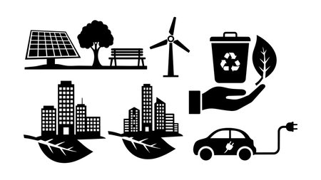 Silhouette vector art shows sustainability icons including solar panels, wind turbines, electric car, recycling bin, and green urban buildings for eco themes.のイラスト素材