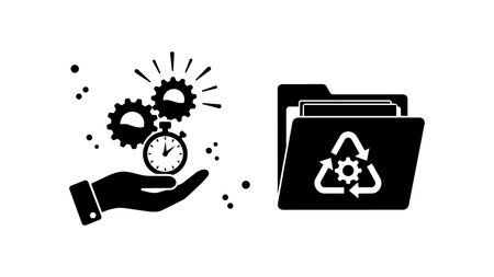 Minimalist black icons show a hand holding a stopwatch with gear cogs and a folder featuring a recycling gear symbol, conveying efficiency and sustainability.のイラスト素材