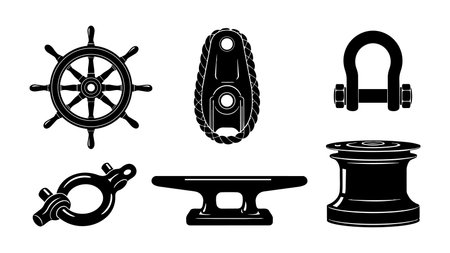 A collection of black silhouette vector icons depicting six different nautical marine ship hardware parts including a ship wheel, cleat, shackle, and hooks, minimalistic style.のイラスト素材