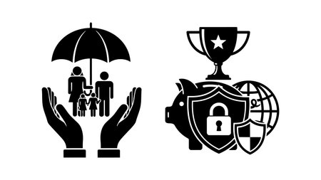 Black silhouette icons represent family protection under umbrella with caring hands and a piggy bank secured by shield, trophy, and globe symbolizing safety and achievement.のイラスト素材