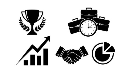 Set of black flat design business and finance icons including trophy, handshake, bar chart, pie chart, and briefcase with clock, simple and professional style.のイラスト素材