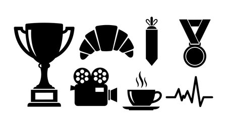 A collection of black silhouette icons showing a trophy, croissant, necktie, medal, film camera, coffee cup, and heartbeat pulse line in minimalistic style.のイラスト素材