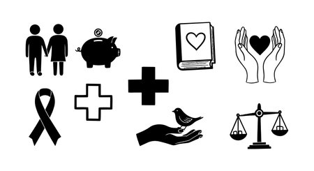 Set of black silhouette icons including hands holding heart, bird on palm, justice scale, cross signs, piggy bank, and love book in minimalist vector style for charity and health themes.のイラスト素材